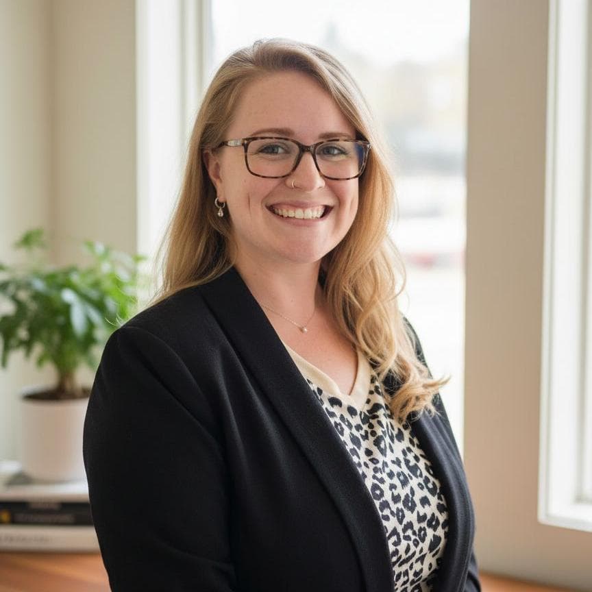 Anne Scouten, LCSW — Licensed Clinical Social Worker. Warm smile, glasses, light strawberry-blonde hair, black blazer over a leopard-print top, photographed in natural window light beside a houseplant